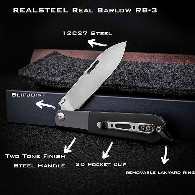 REALSTEEL Real Barlow RB-3 Folding KnifePocket KnivesColor Layering Steel HandleSlipjointNail Nick2.8 12C27 SteelDrop Point1.7ozIndoor Utility EDCGift for Men WomenCutting FruitCheseeBrea