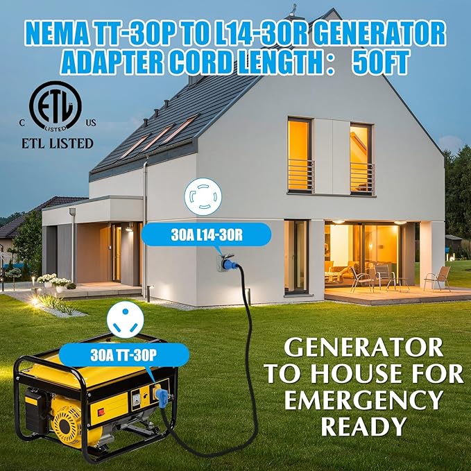 Tellegloww 10 ft TT-30P to L14-30R Generator Transfer Switch Adapter Cord 30 Amp TT-30P Male to L14-30R Female with Locking Ring Generator to House Inlet Box Adapter STW 10 AWG ETL Listed