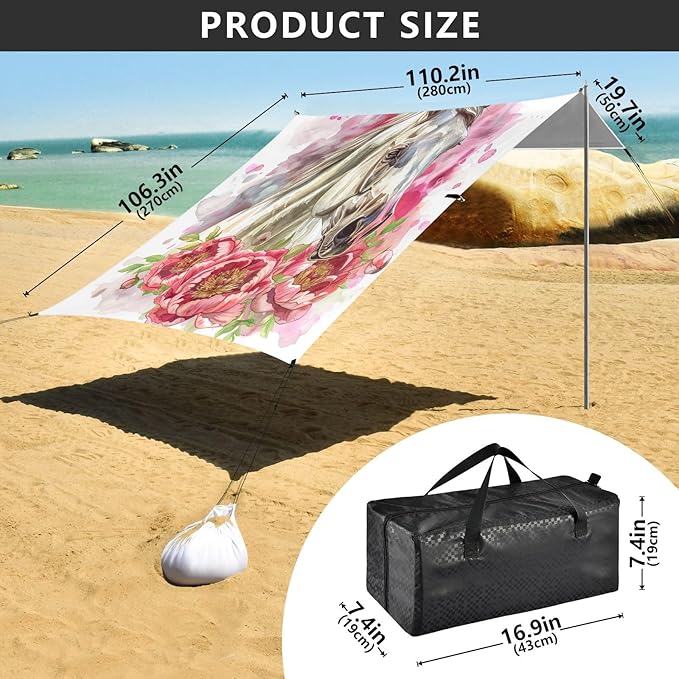 ALAZA Horse Portrait Peony Flower Beach Tent Sun Shelter UPF50+ Protection Beach Shade Canopy w/ 4 Sandbags for Outdoor Camping Fishing Backyard Fun Picnic 10x9 ft
