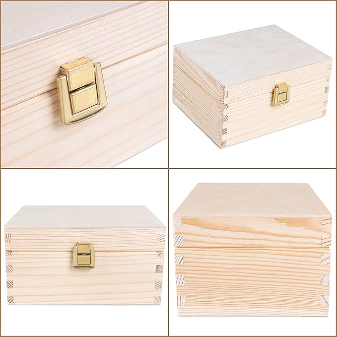 Creative Deco Wooden Storage Box Unpainted Plain | 8.42 x 5.43 x 3.93 in | Keepsake Unfinished Golden Latch &amp Lid | Unfinished Keepsake for the Office or Bedroom | Jewelry Box