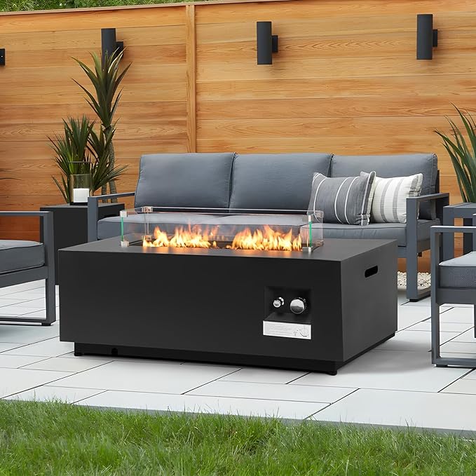 42'' Outdoor Propane Fire Pit Table 50000 BTU Rectanle Natural Gas Fire Pits with Tank Cover Wind Guard No Assembly Low Profile Fire Table for Outside Patio &amp Backyard Black