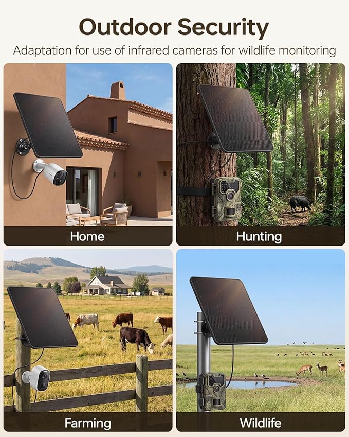 KJK 6W Solar Panel for Security Cameras – Solar Battery Charger with Micro USB &amp USB-C IP67 Waterproof with 360° Adjustable Mount