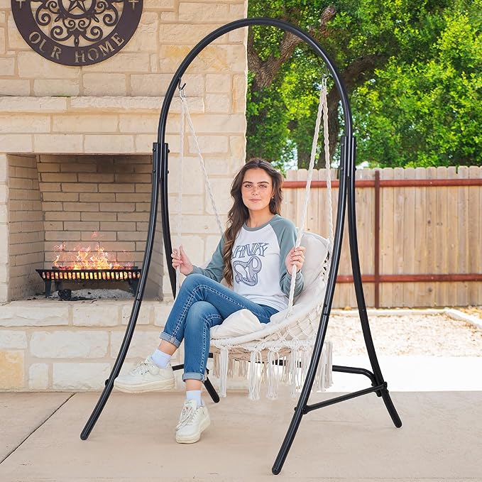 ANOW Macrame Hammock Chair with Stand Heavy Duty Hanging Chair Stand with Swing Chair Includes Luxury Padded Cushion Max 400 Lbs Natural