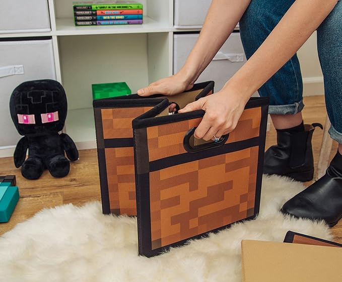 Minecraft Brown Chest 13-Inch Storage Bin Chest With Lid | Foldable Fabric Basket Container Cube Organizer With Handles Cubby For Shelves Closet | Home Decor Essentials Video Game Gifts