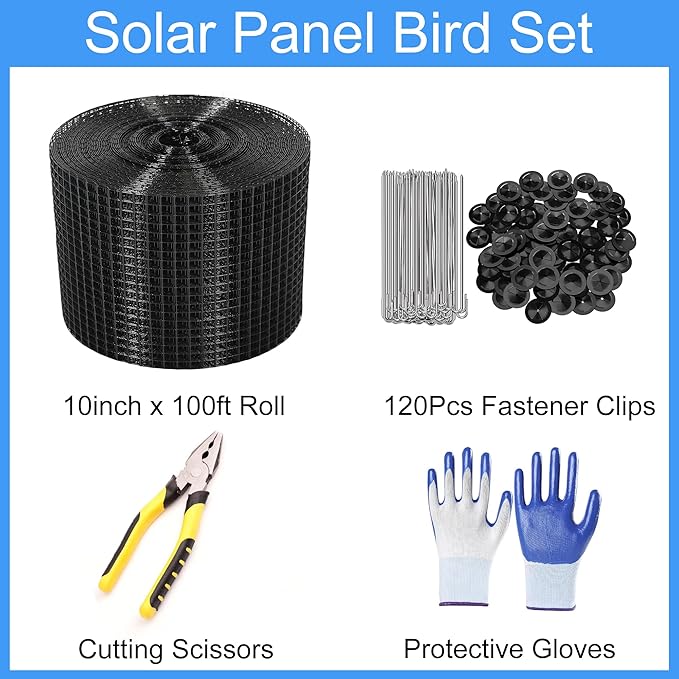 YESON Solar Panel Guard 10in X 100ft PVC Coated Critter Guard Roll Kit for Solar Panel Wire Screen Black Pigeon Barrier Netting with 120 Fastener Clips Cutting Scissor Gloves