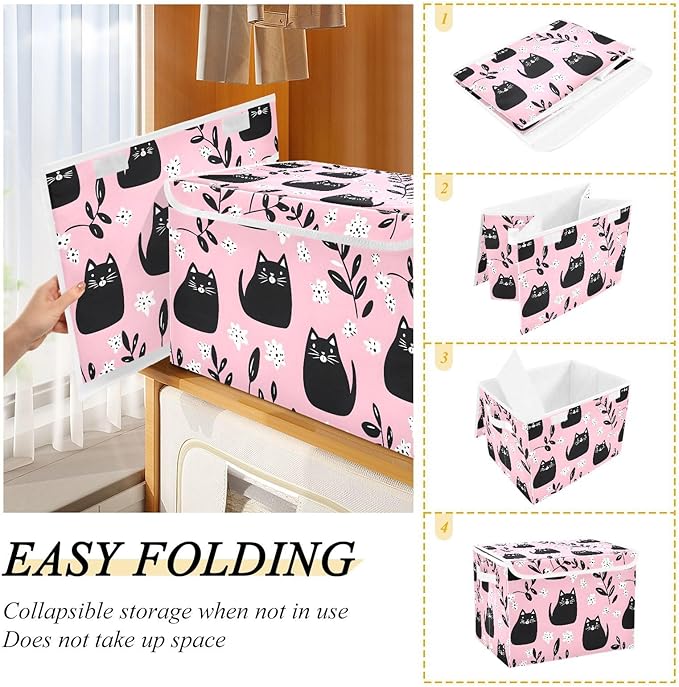 Cartoon Cute Cats Storage Cube Bins Basket with Lid Collapsible Flip-top Fabric with Handle for Home Bedroom Closet Office 16.5×12.6×11.8 in