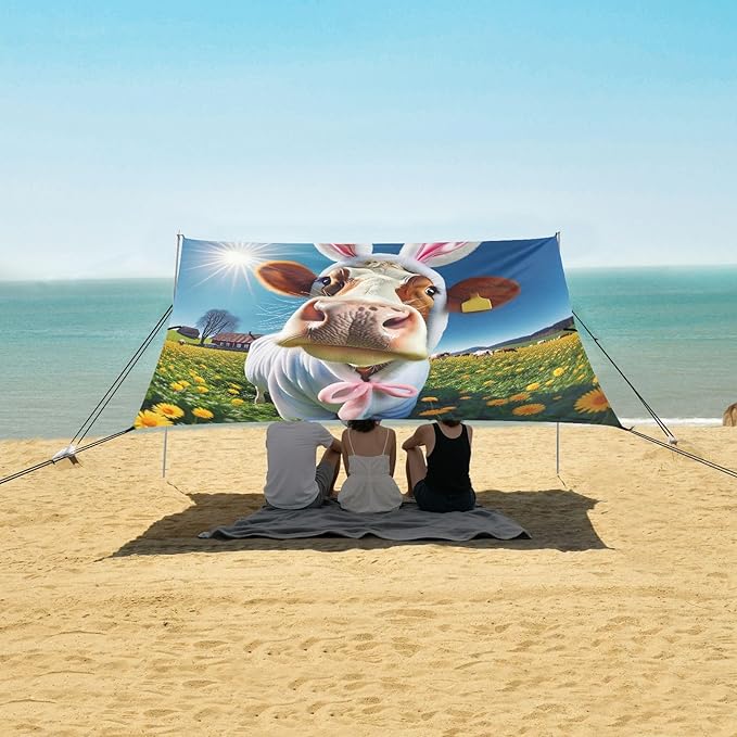 Funny Cow in Sunny Sunflowers Field Beach Tent Sun Shelter Set UPF50+ UV Protection 10.5 x 9.19 FT Camping Shade Canopy with Sandbags Sand Anchors Carrying Bag and Others