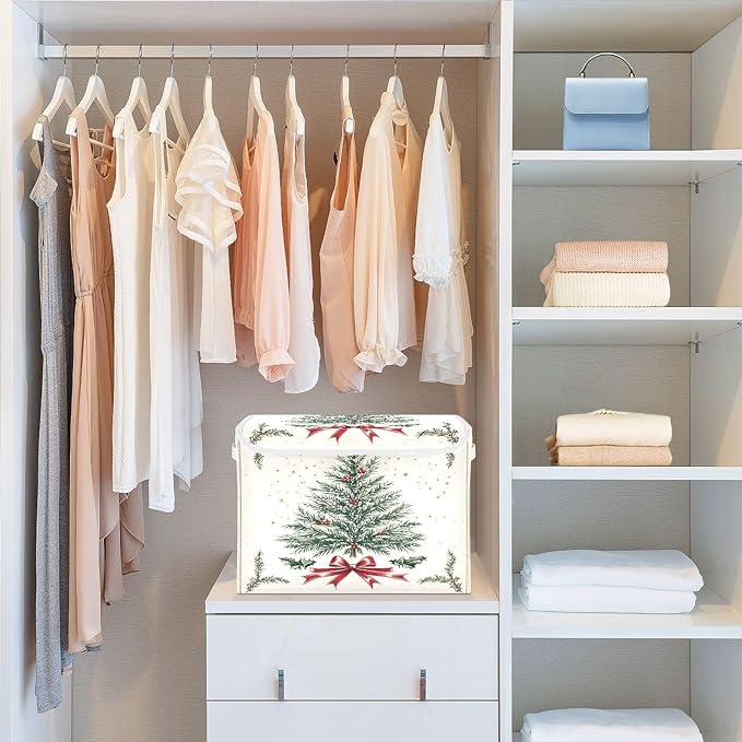 Bolaz Storage Bins with Lids and HandlesRed Ribbon Christmas Tree Storage Box Storage Basket with Cover Collapsible Organizer Containers for Home Closet Shelves
