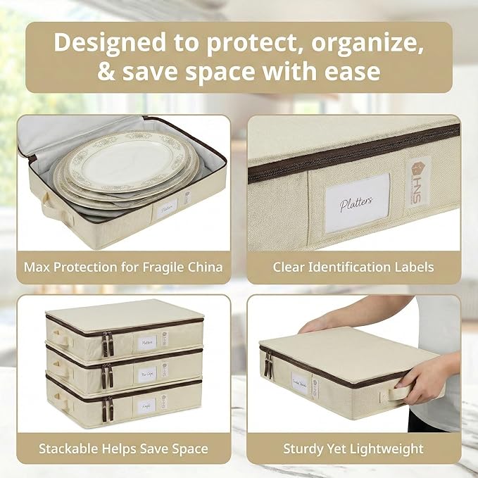 Platter Storage Containers - Hard Shell Protection for Fine China Sturdy Dish Organizer with Dividers for Seasonal Storage Moving &amp More - Protects up to 4 Platters (Beige)