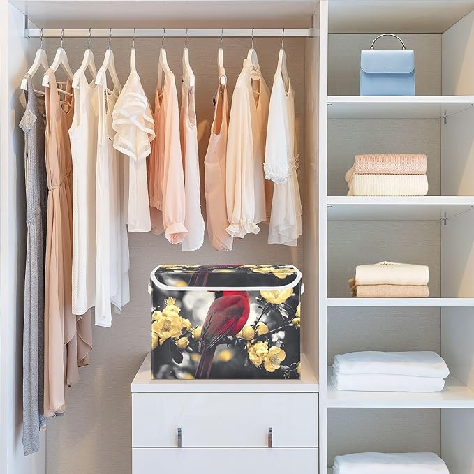 AIXIWAWA Lidded Storage Cube (Gold Flower Bird) Fabric Foldable Closet Bins with Flip Lid and Handles Organizer Basket Container 16.5 x 12.6 x 11.8 IN