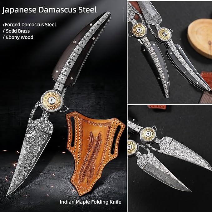 Damascus Steel Folding Knife HRC 60 Pocket Knife for Men Hand Forged Damascus Steel Blade Vegetable Tanned Leather Sheath Ebony Handle Hunting Knives &amp Tools Gifts for Guys