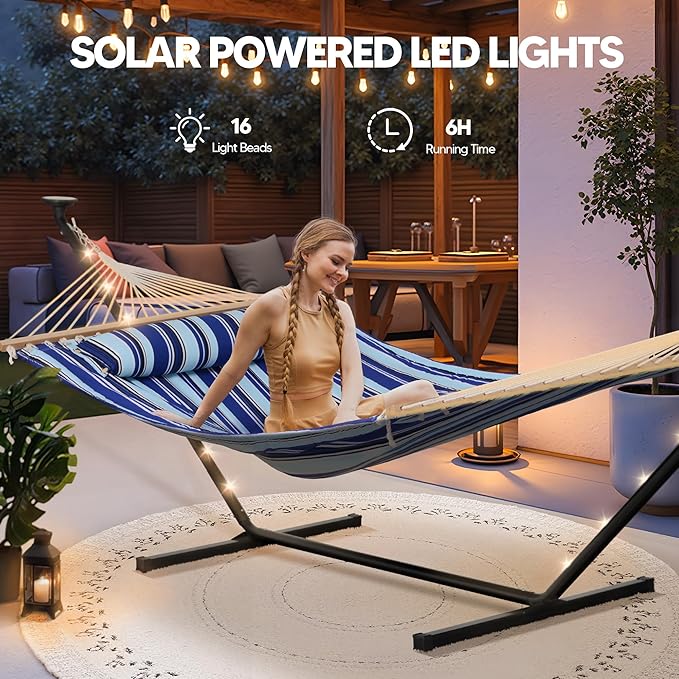SUNCREAT Double Backyard Hammock with Solar Powered Lights for Outside 475 lbs Capacity Heavy Duty Self Standing Hammock with 12 ft Stand Blue