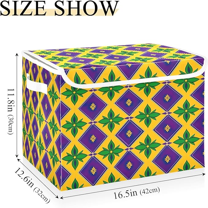 Storage Baskets with Lids Collapsible Bins Stackable Fabric Linen Baskets Closet Organizer Container Mardi Gras 16.5x12.6x11.8