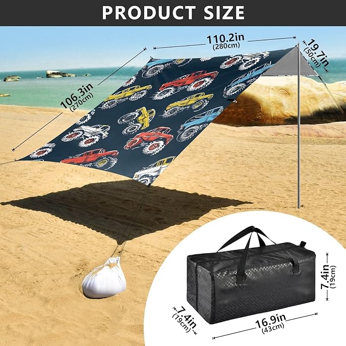 ALAZA Monster Trucks Comic Style Beach Tent Sun Shelter UPF50+ Protection Beach Shade Canopy w/ 4 Sandbags for Outdoor Camping Fishing Backyard Fun Picnic 10x9 ft