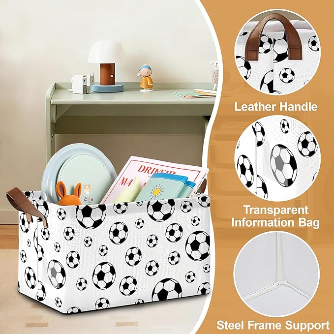 Black Soccer Football Storage Bins with Handles Collapsible Storage for Clothes Gift Basket Blankets &amp Closet Organization