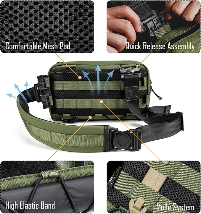 TACTICAL_GEEK Cache L3 EDC Sling Bag Chest Lightweight Shoulder Daypack 500D Nylon Travel Hiking Concealed CarryCrossbody Bag Tactical Backpack Hiking Ambidextrous Strap Green