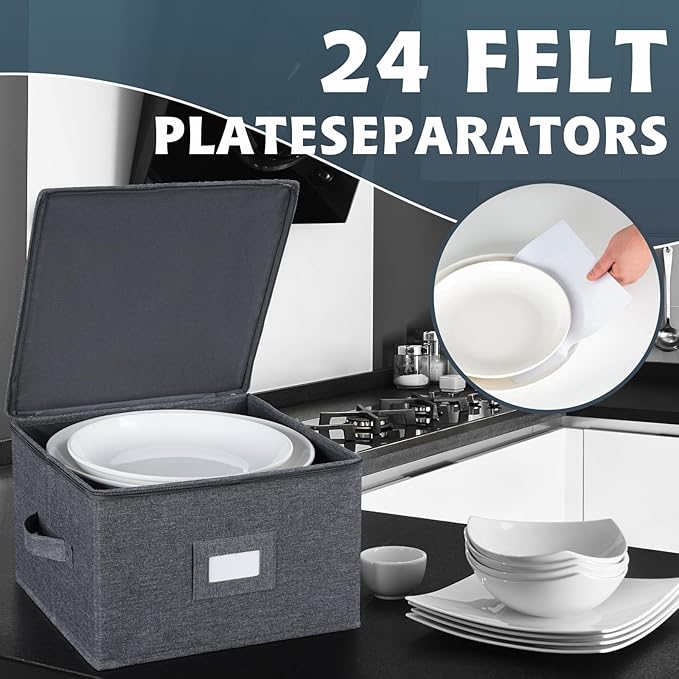 popoly China Storage Containers Hard Shell Inside 12 W x 8 H Dinner Plate Storage Containers for Dishes Dinnerware with 24 Felt Dividers Hold 24 Plates Stackable (2 Pack Grey)