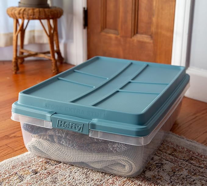 Hefty HI-RISE 40 Qt Stackable Storage Bins with Lids – 6 Pack Clear Plastic Under Bed Storage Containers Shoe Organizer Boxes with XL Lid-Locking Latches Comfort-Grip Handles Durable Double Rim