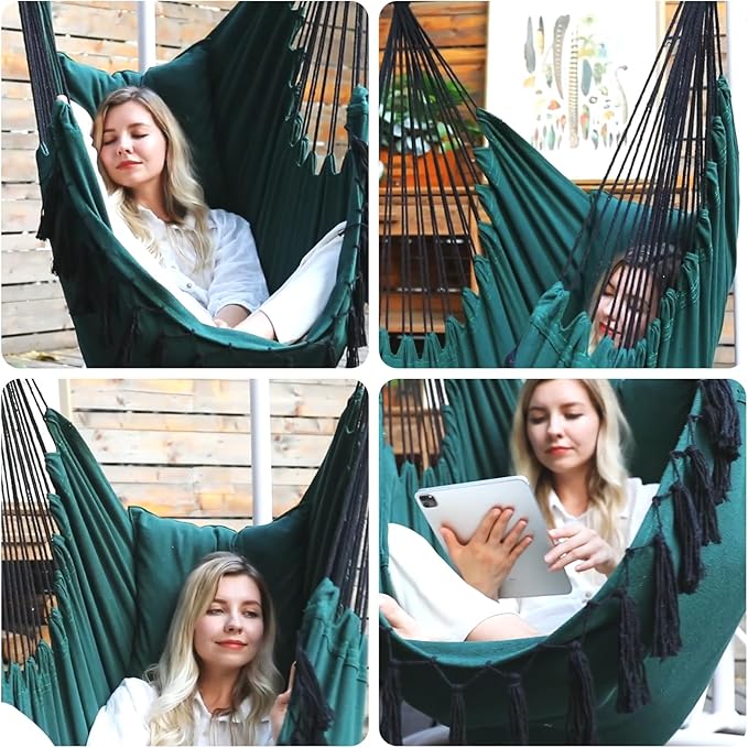 Y- STOP Hammock Chair Hanging Rope Swing Max 500 Lbs 2 Cushions Included Large Macrame Hanging Chair with Pocket for Superior Comfort with Hardware Kit Green