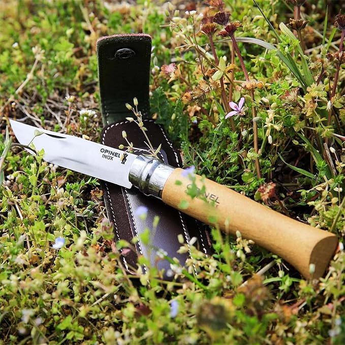 OPINEL No. 08 Stainless Steel Alpine Sheath Box Set INOX Number 8 Stainless Steel Folding Knife + Synthetic Leather Sheath for Safe Storage and Carry Belt Loop Attachment Lanyard Made in France