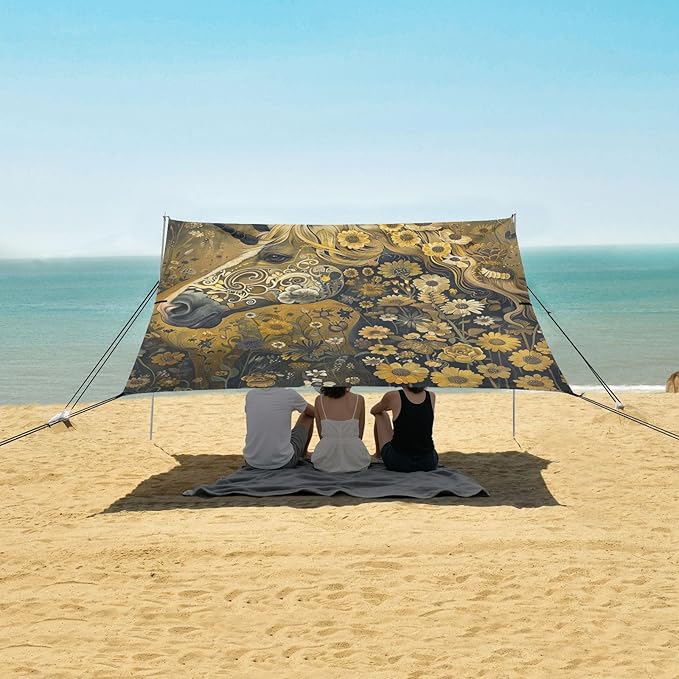 ALAZA Sunflower Horses Beach Tent Sun Shelter Portable Canopy Sunshade for Outdoor Camping Picnics Backyard Fun 10x9 ft