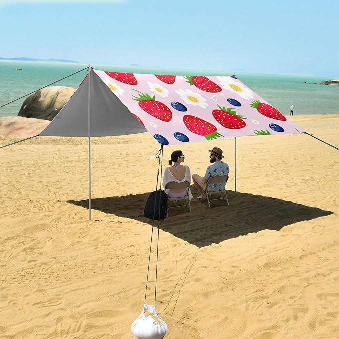 Beach Canopy with Windproof Ropes &amp Sandbags Beach Tent Sun Shade Sun Shelter for Camping Trips Fishing Backyard Fun or Picnics Strawberries