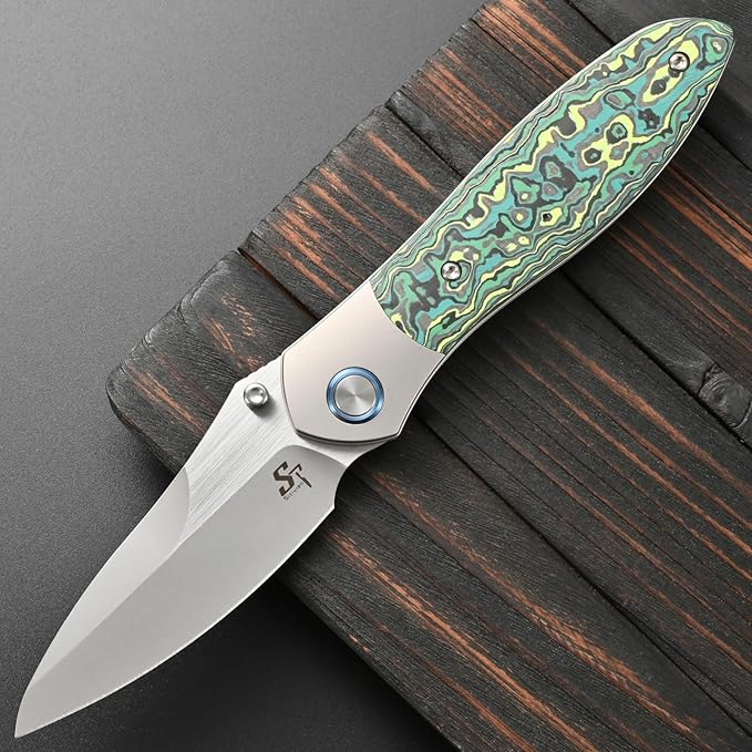Sitivien ST273 Folding Knife S90V Steel Blade Titanium &amp Carbon Fiber Handle Knife with Pocket Clip for Outdoor Camping Hiking Survival Hunting (Green)