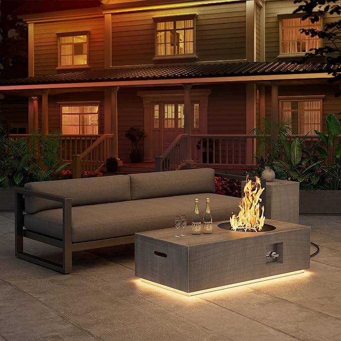 SUNPEAK 48 Outdoor Propane Fire Pit with Round Burner and Lights - 50000 BTU Fire Pit Table with Lid Rocks Cover &amp Tank Storage - Patio and Deck Gas Fire Pit (Light Grey/Golden Light 48 LED)
