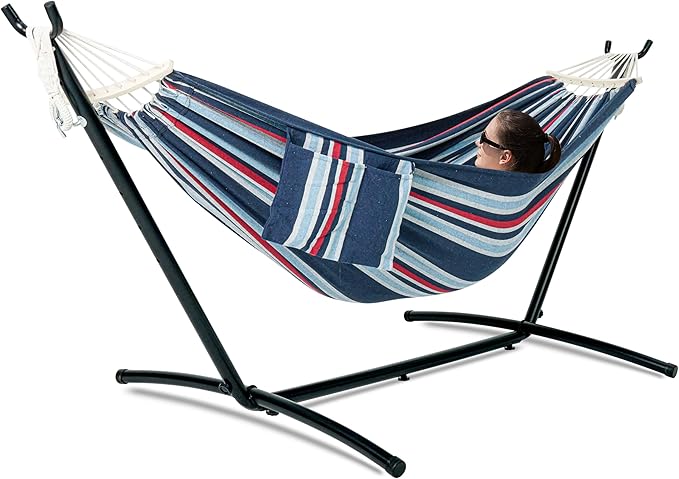 GAFETE Double Hammock with Stand for Outside Upgraded Spreader Bar Heavy Duty Space Saving Steel Stand 2 Person Convenient Pockets Easy Assembly 600lbs Weight Capacity Indoor &amp Outdoor (Nigh