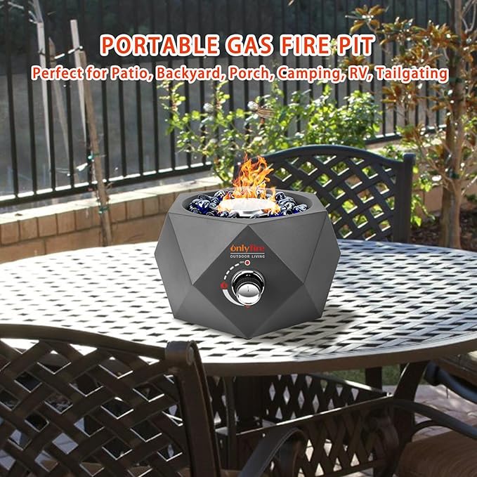 ONLYFIRE OUTDOOR LIVING 14” Modern Tabletop Fire Pit for Table with Umbrella Hole Portable Gas Firepit for 1lb Propane Gas Patio Backyard Porch Camping RV Tailgating Bottom-Mounted FP003