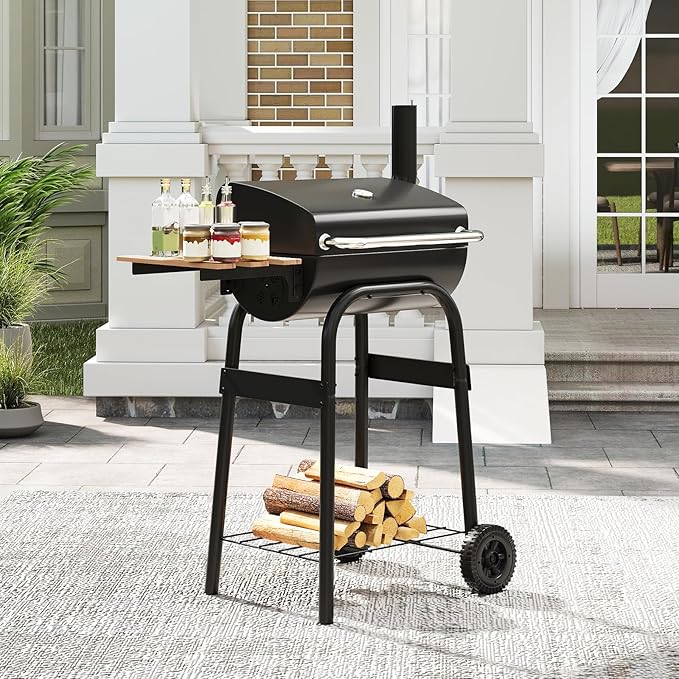 Happygrill Barrel Charcoal Grill Outdoor BBQ Smoker Grill w/Foldable Side Table Built-in Thermometer Storage Shelf Adjustable Air Vent Portable Barbecue Grills w/Wheels for Camping &amp Picnic