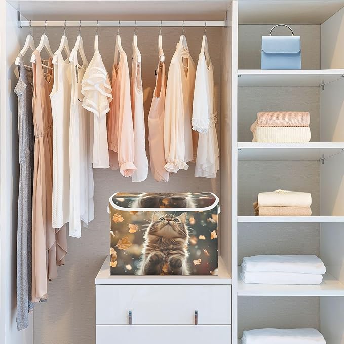 AIXIWAWA Lidded Storage Cube (Autumn Cat) Fabric Foldable Closet Bins with Flip Lid and Handles Organizer Basket Container 16.5 x 12.6 x 11.8 IN