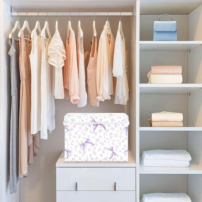 ALAZA Purple Floral Bow Storage Bins Organizer Box Baskets Lidded Clothes for Shelves Closet Collapsible Stackable Storage Cubes Handles