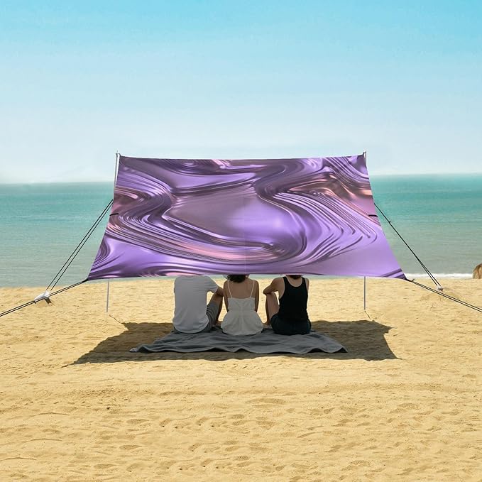 Beach Canopy with Windproof Ropes &amp Sandbags Beach Tent Sun Shade Sun Shelter for Camping Trips Fishing Backyard Fun or Picnics Purple Texture