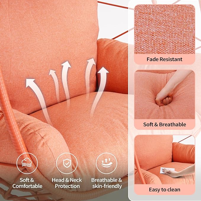 Hanging Egg Chair with Stand Outdoor Indoor Patio Rattan Swing Hammock Chairs with Washable Cushion PE Wicker Swing Chair for Backyard Bedroom Garden (Orange Red + Orange Red Cushion No Footrest)