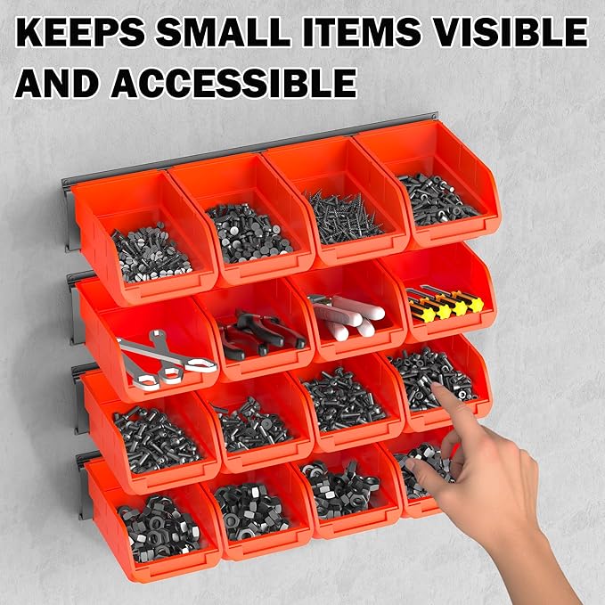 Ultrawall Wall Mounted Storage Bins Plastic Hanging Storage Organizer Bins Garage Tool Storage System for Screws Nuts Bolts Nails and Small Hardware Parts 16x bins &amp 4 x rails Orange