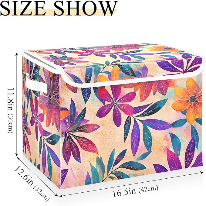 Storage Cube with Lid Pattern Floral Print 16.5×12.6×11.8 IN Collapsible Large Capacity Foldable Storage Basket Bin Organizer