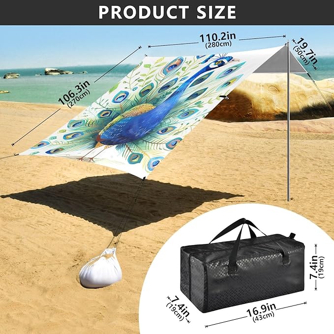 ALAZA Beatiful Peacock Beach Tent Sun Shelter Portable Canopy Sunshade for Outdoor Camping Picnics Backyard Fun 10x9 ft