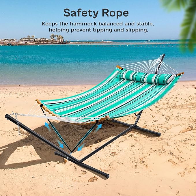 SUPERJARE Hammock with Stand 2 Person Heavy Duty Hammock with Padded Cotton Detachable Pillow &amp Strong Curved-Bar &amp Portable Carrying Bag Perfect for Outdoor &amp Indoor Mint Green with S