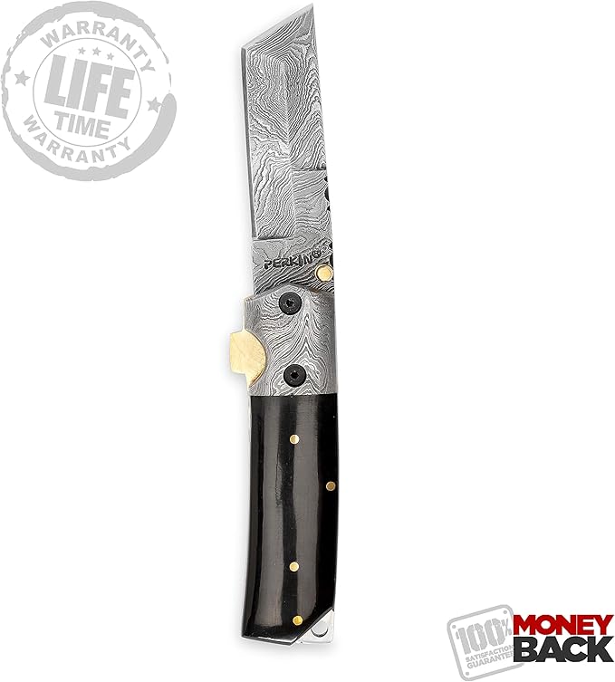 Perkin Custom Made Damascus Folding Knife Tanto Blade &amp Buffalo Horn Handle