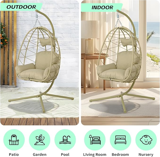 Hanging Egg Chair with Stand Outdoor Indoor Patio Rattan Swing Hammock Chairs with Washable Cushion PE Wicker Swing Chair for Backyard Bedroom Garden (Cyan + Cyan Cushion No Footrest)
