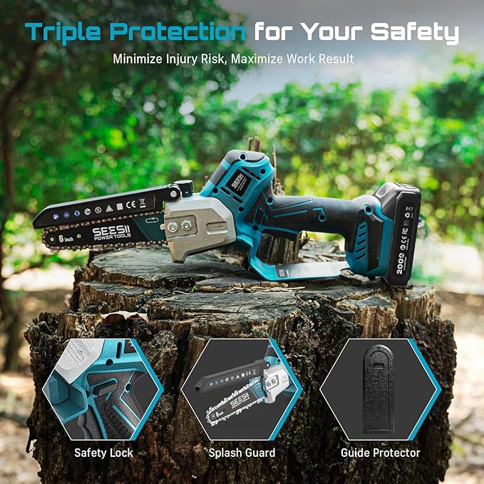 SEESII Brushless Mini Chainsaw 6 Inch Handheld Saw with 2 * 2000 mAh Batteries Cordless Chainsaw with Automatic Oiler Compatible with Makita 18V Battery Electric Saw for Tree Limb Branch Cutter