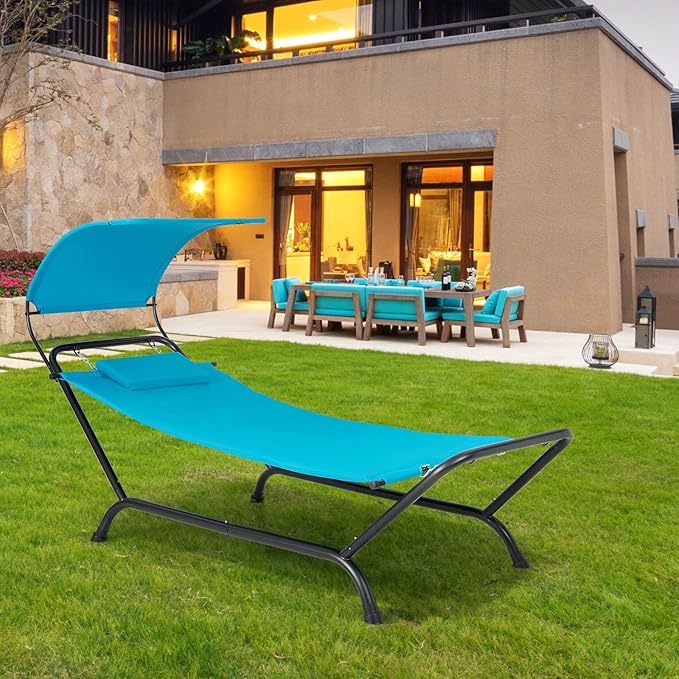 Tangkula Hammock with Stand Included Heavy Duty Outdoor Hammock with Adjustable Canopy Rustproof Metal Stand Pillow Storage Pocket Hammock Bed with Stand for Backyard Lawn Poolside (Blue)