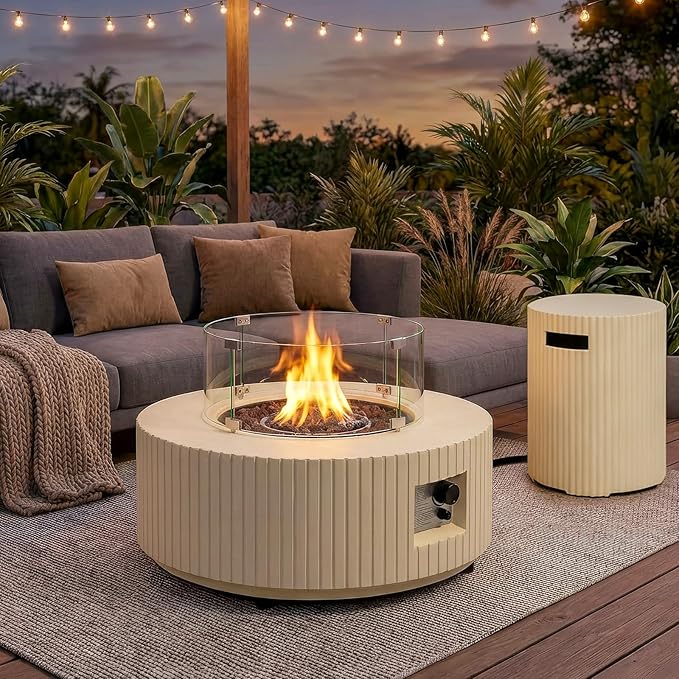 36inch Outdoor Propane Fire Pit Table Set - 3-Piece Round Concrete Natural Gas Firepit with Tank Cover Wind Guard Rain Cover 50000 BTU Modren Fire Table for Outside Patio Backyard - Beige