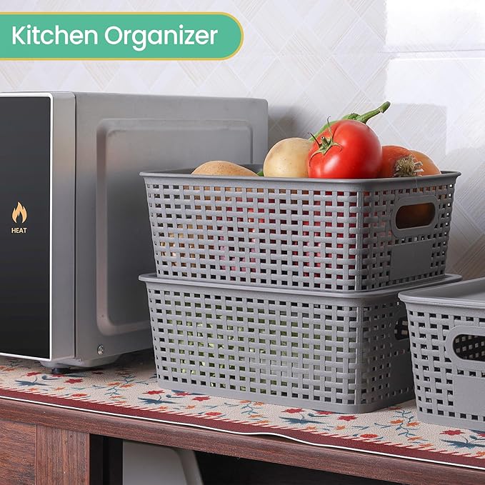 Plastic Storage Baskets with Lid-Plastic Storage Containers Stackable Storage bins: Storage Baskets for Organizing Shelves Drawers Desktop Closet Playroom Classroom Office8 Pack-Gray10.2x7.2x4.1Inch