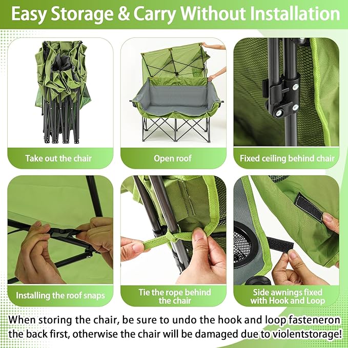 Teenyyou Double Camping Chair with Canopy Shade 660lbs Heavy Duty Beach Chair Portable Folding 2 Person Camping Loveseat with Cup Holder and Storage Bag for Lawn Beach Outdoor Sport(Geen and Grey)