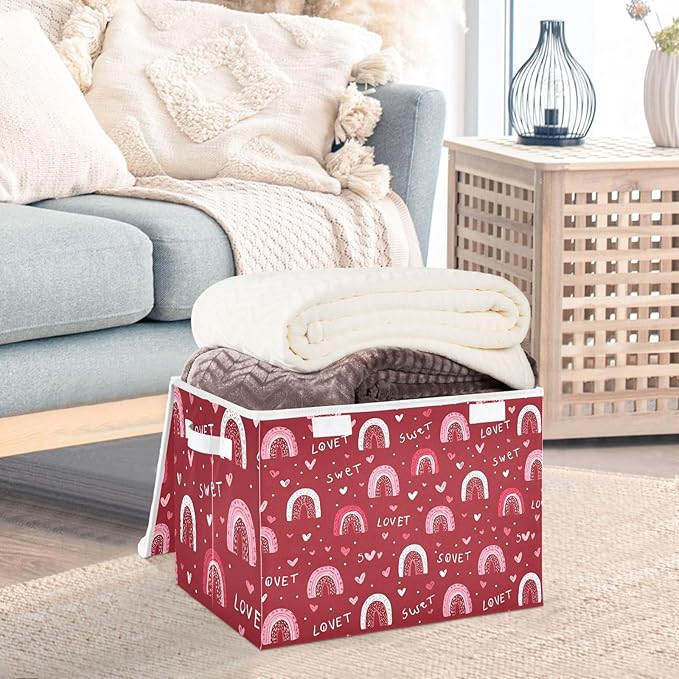 Valentine Hearts Rainbows Red Storage Box with Lid 1 PC Foldable Storage Bin with Lids Stackable Storage Bins Cube Closet Organizer Basket with Flip-Top Lid &amp Handles for Shoes Books Towels