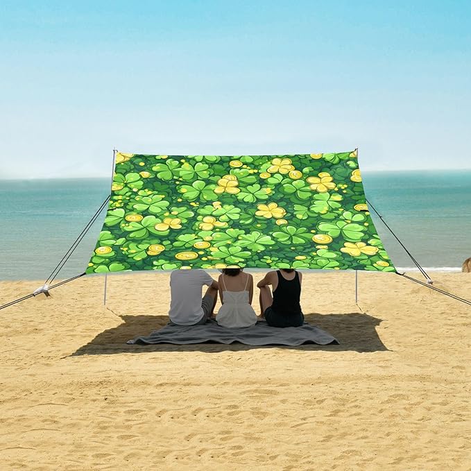 xigua St. Patrick's Day Clover Beach Tent Sun Shelter with Carrying Bag - Silver Coated Oxford Fabric Beach Canopy for Beach Camping Fishing - Includes Windproof Ropes Sandbags &amp Stakes