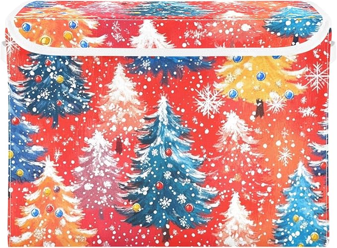 Vivid Red Christmas Trees Storage Box with Lid 1 PC Foldable Storage Bin with Lids Stackable Storage Bins Cube Closet Organizer Basket with Flip-Top Lid &amp Handles for Shoes Books Towels