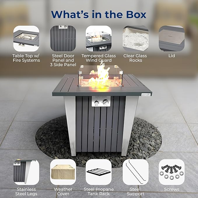 SereneLife Outdoor Propane Fire Pit Table 50000 BTU Square Fire Table with Stainless Steel Lid Durable Legs Adjustable Flame Weather Cover Perfect for Patio &amp Garden 31.5” x 31.5” x 24.8”
